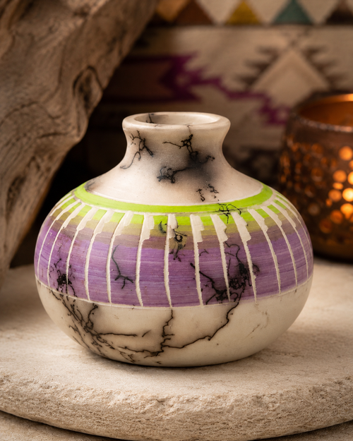 Authentic Native American handmade pottery vase by Navajo artist Larry Livingston. Collectible etched ceramic artwork with traditional horsehair firing and modern Southwest design.