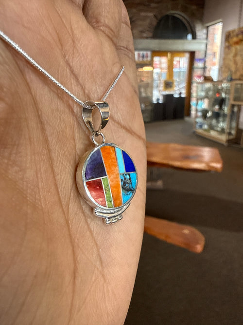Handmade Navajo sterling silver multi-stone inlay pendant, a unique Native American jewelry gift for her.