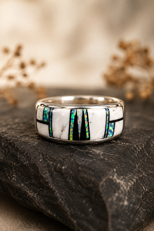 Native American inlay ring with Buffalo turquoise, black jade and opal in sterling silver