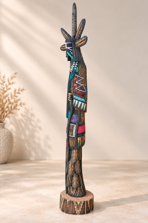 Opposite side of Jerold Guy Navajo Kachina sculpture with carved cottonwood and colorful hand-painted patterns