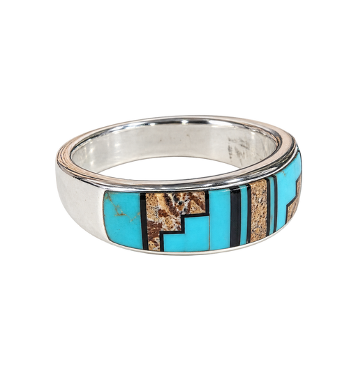 Native American Kingman turquoise and Picture Jasper inlay ring in sterling silver