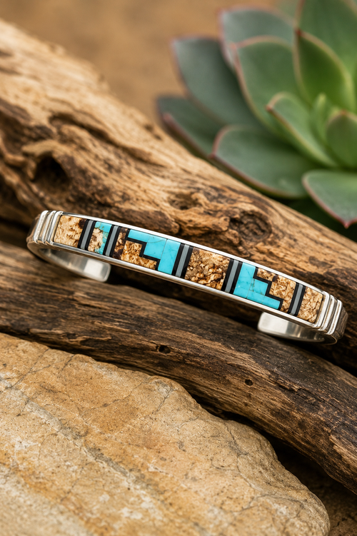 Native American Kingman turquoise and Picture Jasper inlay cuff bracelet in sterling silver