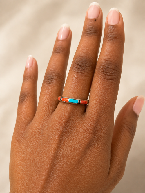 Native American sterling silver inlay ring by Priscilla Lewis with Kingman turquoise, spiny oyster, gaspeite and black jade