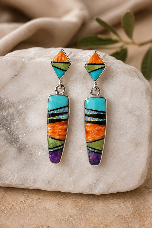 Native American multistone inlay earrings with Kingman turquoise, spiny oyster and sterling silver