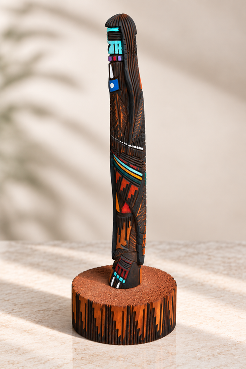 Side view of hand-carved Navajo Kachina wood sculpture by Native American artist Jerald Guy