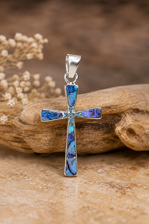 Native American made spiderweb opal stone inlay cross pendant in sterling silver