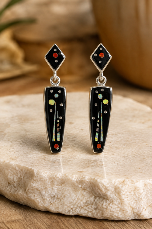 Black Jade & Opal Inlay Drop Earrings – Native American Made