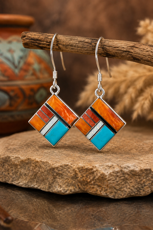 Native American spiny oyster and Arizona blue turquoise stone inlay earrings in sterling silver
