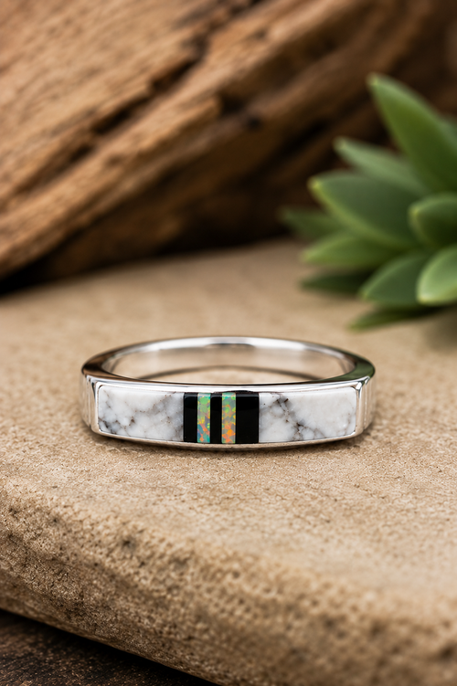Close-up of Native American stone inlay ring with Buffalo Turquoise, Black Jade and Opal