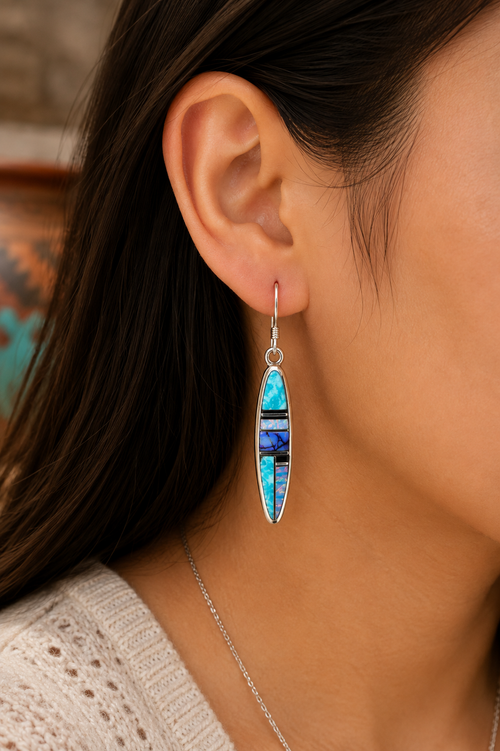 Native American stone inlay drop earrings with Kingman turquoise, spiderweb opal and black jade in sterling silver
