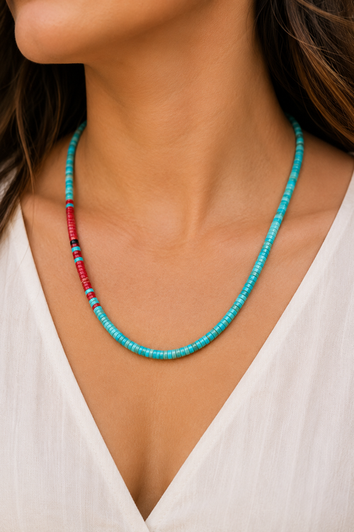 Native American Kewa Pueblo turquoise heishi bead necklace with red spiny oyster accents