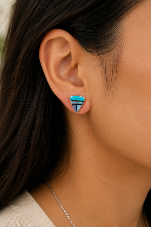 Native American Kingman turquoise and opal inlay post earrings handmade by Navajo artist Marlene Begay