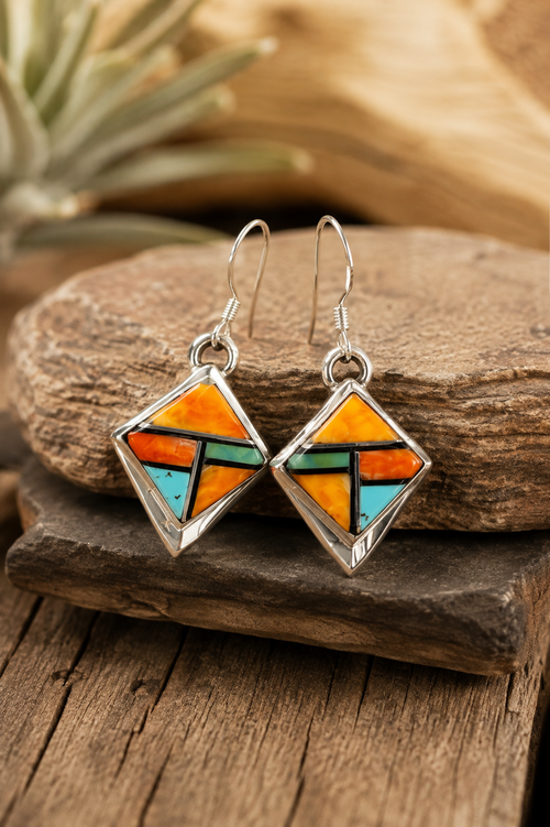 Native American sterling silver earrings with Kingman Turquoise, Spiny Oyster and Black Jade inlay