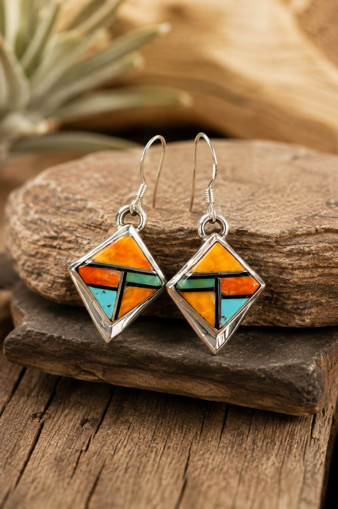 Native American sterling silver earrings with Kingman Turquoise, Spiny Oyster and Black Jade inlay