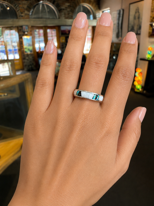 Native American turquoise sterling silver ring with Buffalo Turquoise, Opal and Black Jade inlay