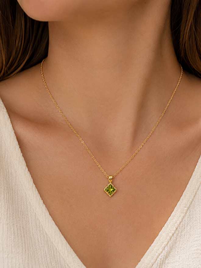 peridot necklace, august birthstone necklace, gold vermeil necklace, natural peridot jewelry, green gemstone necklace, dainty gold necklace, elegant pendant necklace, adjustable gold chain necklace, fine jewelry Arizona, Jerome Arizona jewelry, Sedona jewelry shopping, luxury gemstone necklace, gift for august birthday