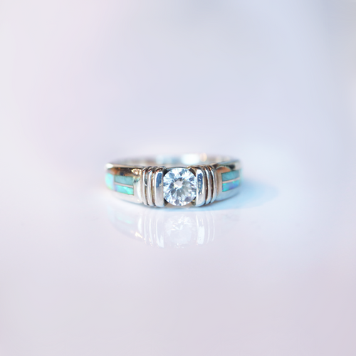 Navajo amazonite and opal inlay ring with CZ center stone in sterling silver