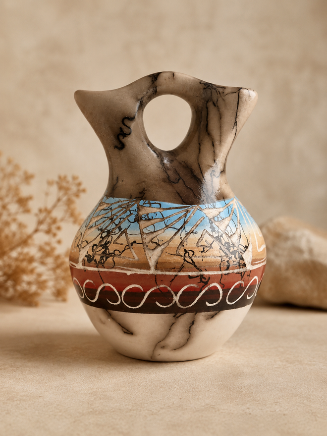 Authentic Navajo carved etched pottery vase by Marlena Sam, handmade Native American ceramic art with horsehair firing, geometric etched design, and Southwest decor.