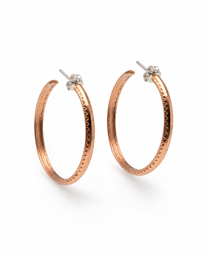 Navajo copper half hoop earrings handmade in a 1.2 inch Southwestern style
