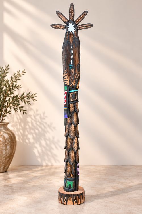 Back view of Jerold Guy Navajo Kachina showing carved feather layers, burned-line detailing and natural cottonwood