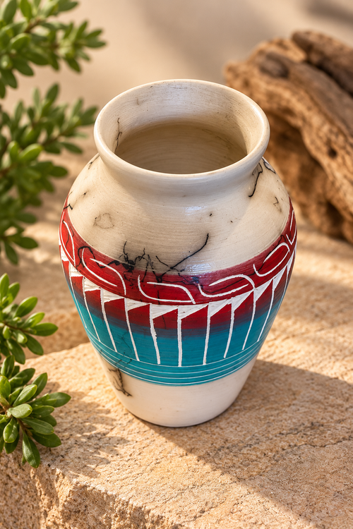 Hand-etched Navajo horsehair pottery by Cecelia Benally showing turquoise red geometric details and natural horsehair markings