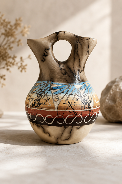 Handcrafted Navajo carved pottery vase by Marlena Sam displayed as luxury Southwest home décor, authentic Native American ceramic art with etched tribal design.