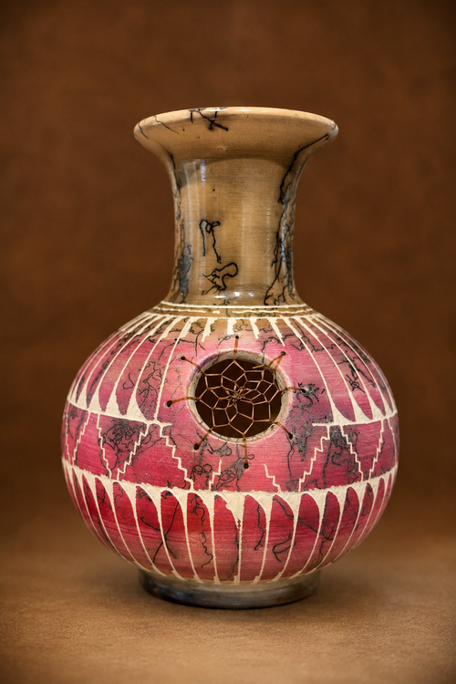 One-of-a-kind Navajo hand-carved horsehair ceramic dreamcatcher vase by Dennison Billy with traditional Southwestern design.