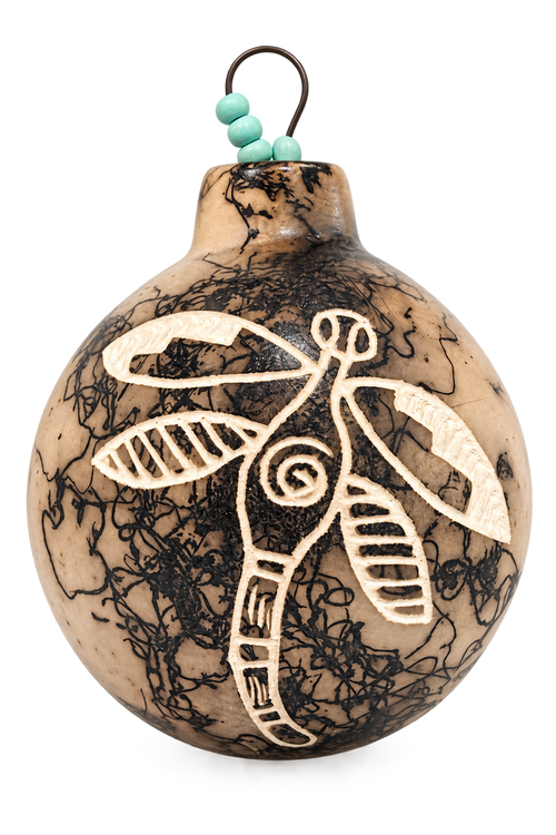 Handmade Navajo horsehair fired ceramic ornament with carved dragonfly design and turquoise bead accents.