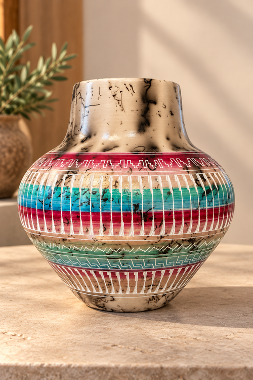 Navajo horsehair pottery vase by Yolanda Yazzie with hand-etched turquoise and red geometric designs