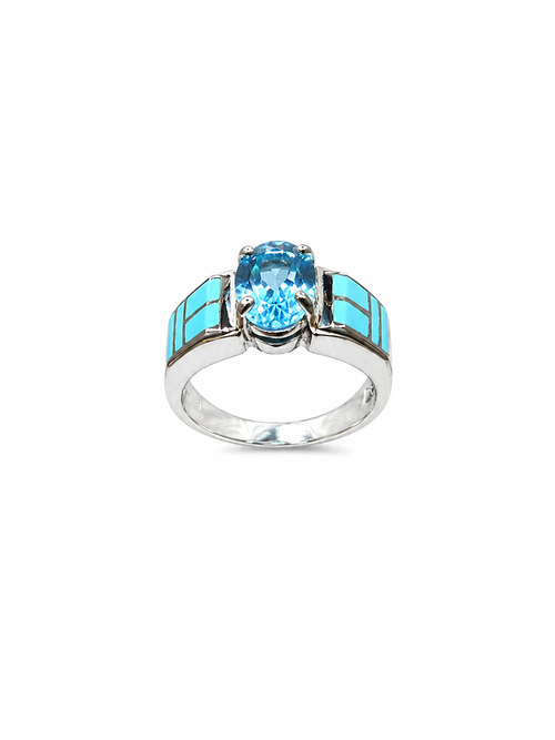 Authentic Navajo sterling silver ring featuring genuine Kingman Arizona turquoise stone inlay with a natural blue topaz center gemstone.
