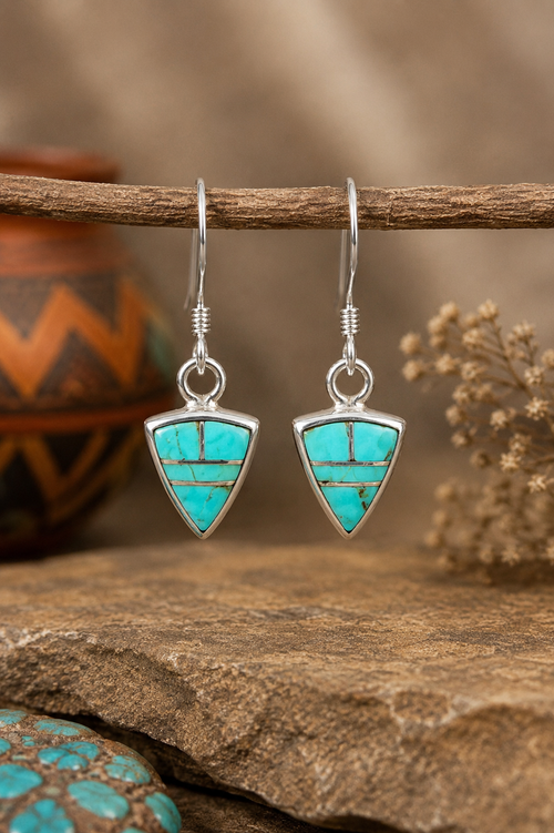 Navajo Kingman turquoise stone inlay drop earrings handmade in sterling silver by Priscilla Lewis