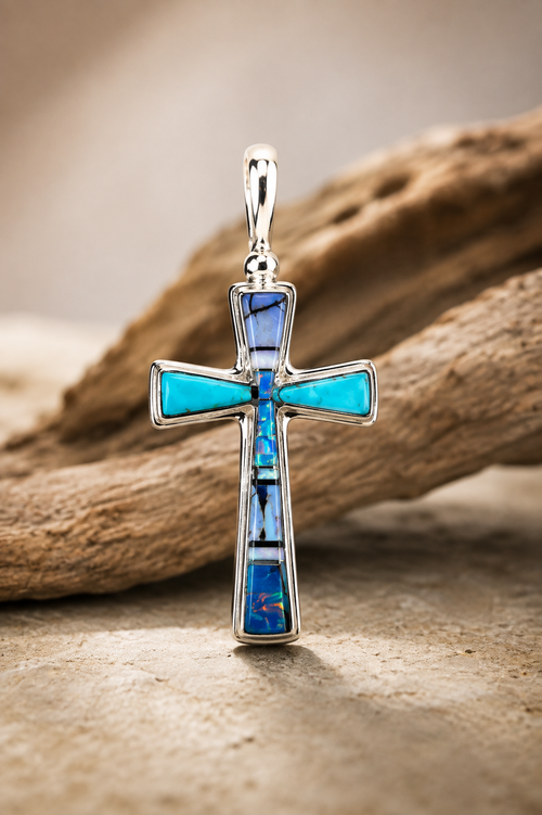 Navajo Kingman turquoise and opal sterling silver cross pendant hand-inlaid by Evonne Rogers