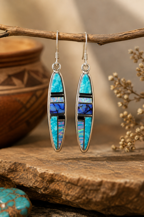 Navajo Kingman turquoise and opal stone inlay earrings handmade in sterling silver by Marlene Begay