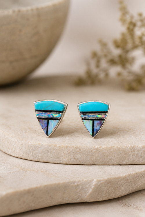 Navajo stone inlay earrings with Kingman turquoise, opal and black jade in sterling silver