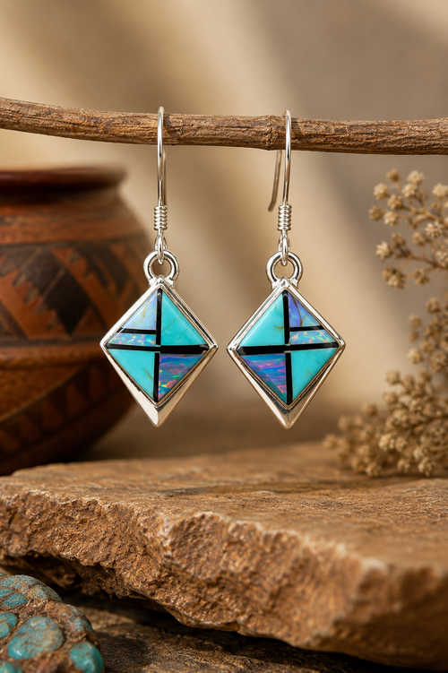 Navajo Kingman turquoise, spiderweb opal and black jade stone inlay earrings handmade in sterling silver