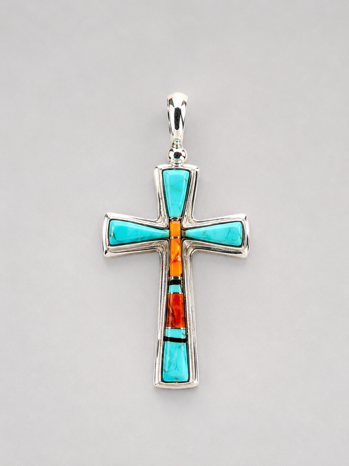 Navajo handmade Kingman turquoise and spiny oyster sterling silver cross pendant by Evonne Rogers