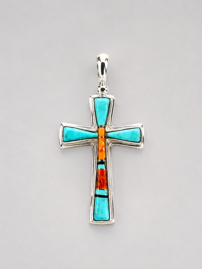 Navajo handmade Kingman turquoise and spiny oyster sterling silver cross pendant by Evonne Rogers