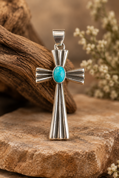 Navajo Kingman turquoise cross pendant handmade in sterling silver with oval turquoise center stone