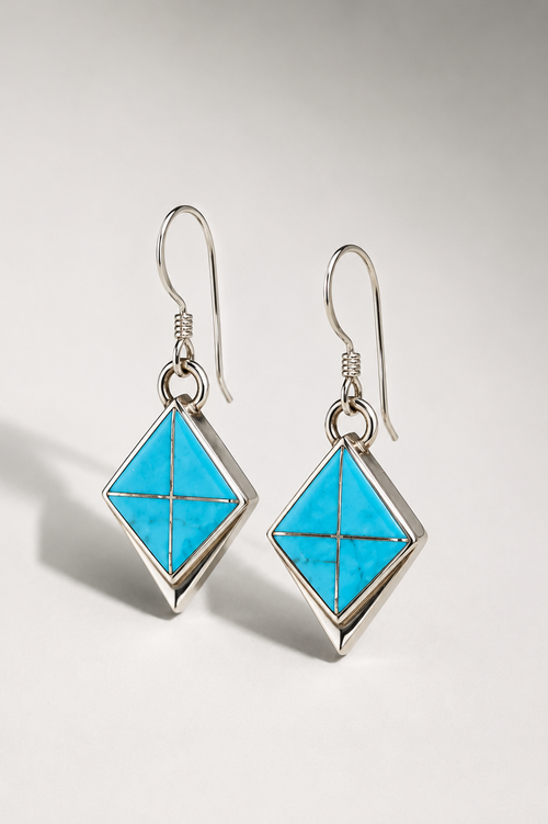 Navajo Arizona Blue Kingman Turquoise sterling silver inlay earrings by Marlene Begay