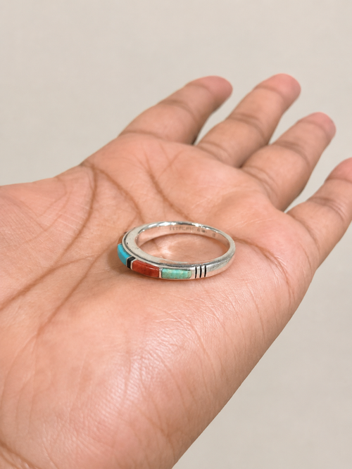 Navajo multistone inlay ring with Kingman turquoise, red and orange spiny oyster, gaspeite and black jade in sterling silver