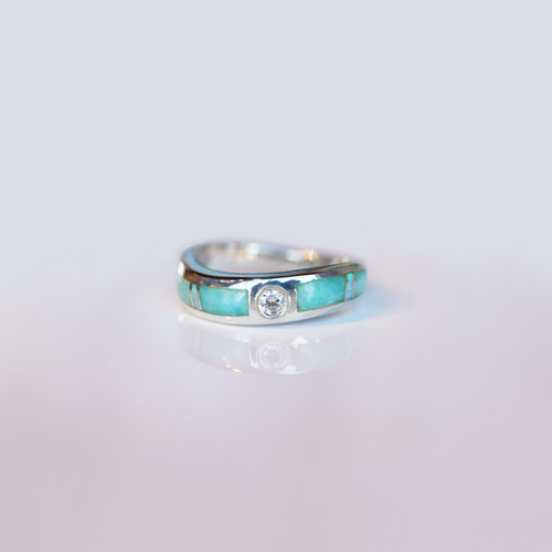 Navajo opal and amazonite inlay ring handcrafted in sterling silver with a round cubic zirconia center.