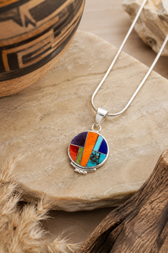 Handmade Navajo sterling silver pendant with Orange Spiny Oyster, Turquoise, Lapis, Sugilite and Gaspeite inlay on a sterling silver snake chain.