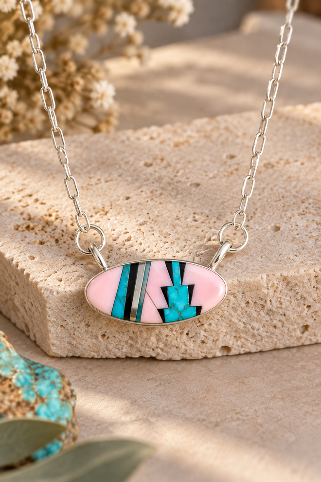 Navajo sterling silver inlay necklace with pink Peruvian opal, turquoise and black jade