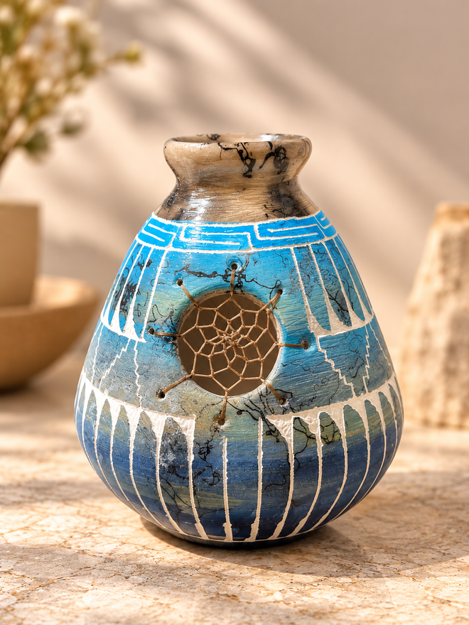 Navajo pottery vase by Dennison Billy with turquoise blue geometric design and woven dreamcatcher detail
