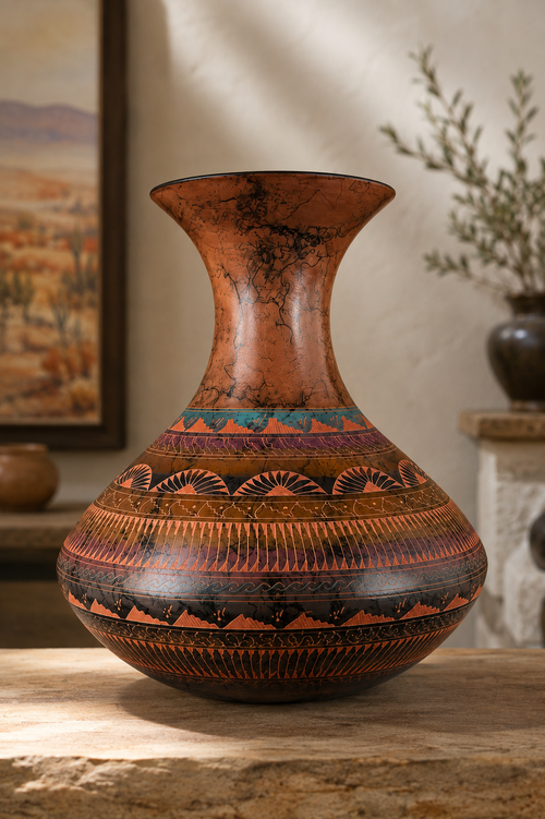 Hand-carved Navajo pottery vessel by Samantha Willie with detailed Southwest designs
