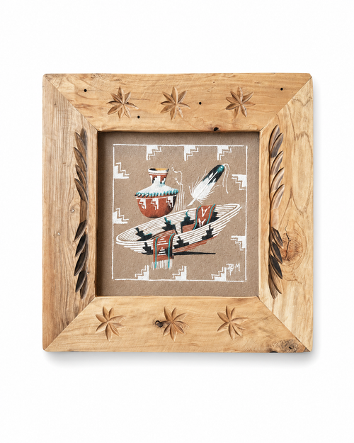 Navajo sand painting by Ben Mitchell in carved wooden frame featuring pottery, feather, and basket design