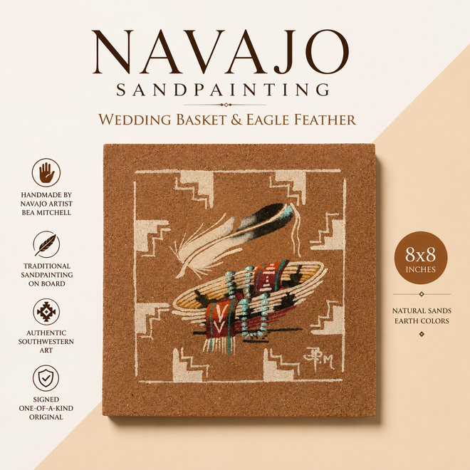 Handmade 8x8 Navajo sandpainting featuring a wedding basket and eagle feather, signed by artist Ben Mitchell.