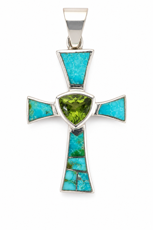 Authentic Navajo Sonoran Gold Turquoise and natural Peridot cross pendant handcrafted in sterling silver. One-of-a-kind Native American Christian jewelry from Arizona.