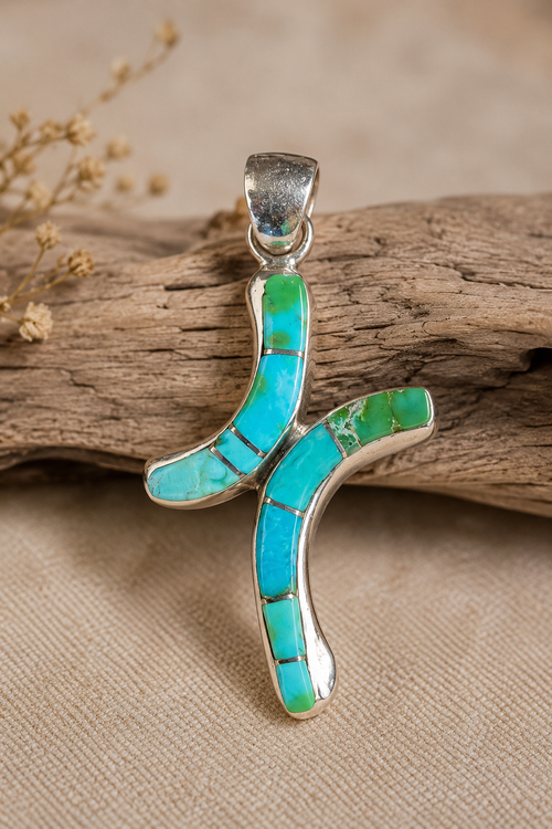 Navajo Sonoran turquoise stone inlay cross pendant handmade in sterling silver by Owen Morris
