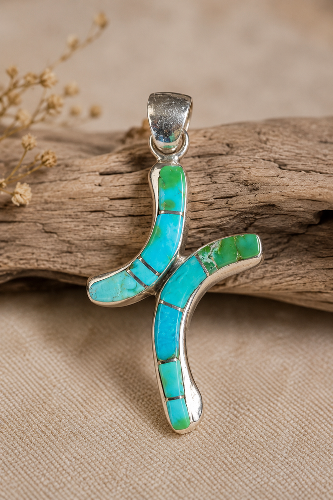 Navajo Sonoran turquoise stone inlay cross pendant handmade in sterling silver by Owen Morris